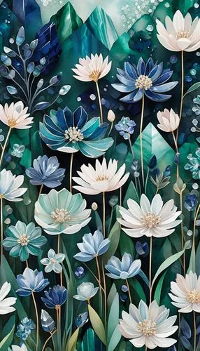 blue daisies,flower painting,white water lilies,water lilies,african daisies,waterlilies,Conceptual Art,Fantasy,Fantasy 01