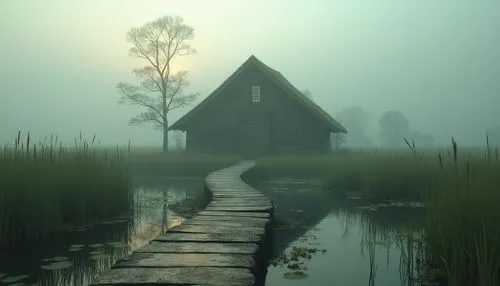 house with lake,foggy landscape,lonely house,polders,marshlands,backwater,deadmarsh,swamp,swampy landscape,boathouse,witch house,sunken church,marsh,morning mist,fisherman's house,home landscape,wetland,summer cottage,swamps,wooden church,Photography,General,Realistic