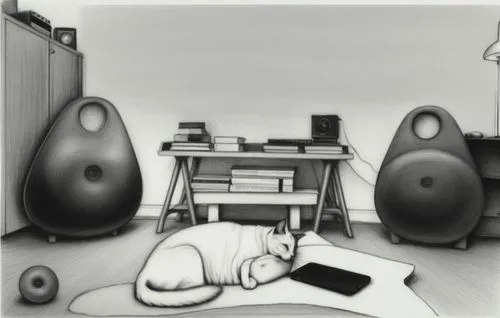 a drawing of a cat on the ground by a table,audiophiles,audiophile,stereophile,loudspeakers,audiogalaxy,audio speakers,Illustration,Black and White,Black and White 35