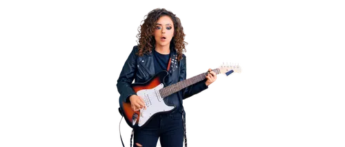 Female musician, rock chic, solo, (20yo), bold eyes, smoky makeup, curly brown hair, guitar straps, black leather jacket, ripped jeans, converse shoes, dynamic pose, playing guitar, spotlight, smoke e