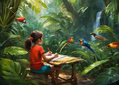 tropical birds,children studying,girl studying,toucans,little girl reading,world digital painting,bird painting,tropical bird climber,bird kingdom,tropical jungle,tropical animals,flower and bird illustration,feeding birds,perched toucan,bird bird kingdom,tropical bird,rain forest,rainforest,tropical fish,digital painting,Illustration,Paper based,Paper Based 11