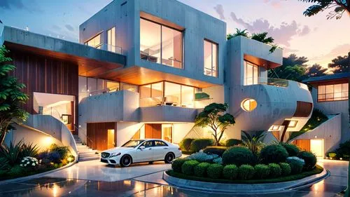 anime style entrance shot of a minimalist two floors modern white villa in Luanda, showing the drop off in front of the entrance, big glass windows, wooden fins on the top floor, Garage to the right s