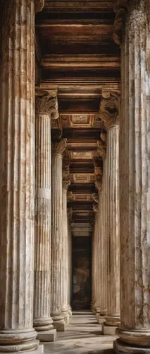 Ancient Greek Doric columns, ornate details, carved marble, fluted shafts, iconic capitals, monumental structures, classical architecture, historic landmarks, stone textures, weathered surfaces, intri