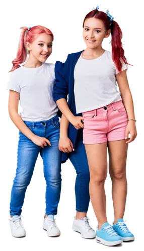 Three girls, different ages, cute faces, colorful hair clips, ponytails, casual wear, sneakers, jeans, bright smiles, playful gestures, gentle skin tone, soft focus, warm lighting, shallow depth of fi