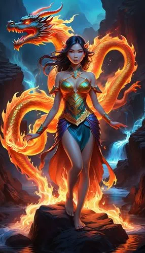 inara,firedrake,flame spirit,fire background,lina,fire siren,Illustration,Realistic Fantasy,Realistic Fantasy 01