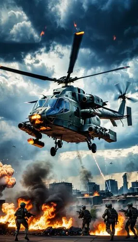 Futuristic Urban warfare, futuristic hind helicopter, soldiers shooting at cyborg, billowing flames, reflections, high tech battletech, tanks, dark clouds, dramatic shadows, dramatic,a helicopter with