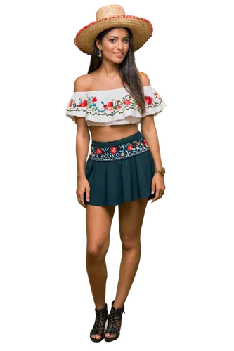 Mexican woman, traditional dress, vibrant colors, embroidery, flowing skirt, off-the-shoulder top, layered necklace, bold eyebrows, dark hair, warm skin tone, festive atmosphere, sombrero hat, maracas