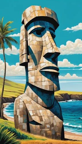 Ancient Moai statue, giant stone figure, Easter Island, Chile, rugged rocky coastline, palm trees swaying gently, turquoise ocean waves crashing, sandy beach, sunny day, clear blue sky, few white clou