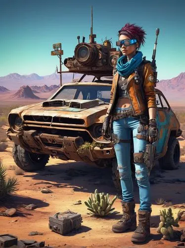 rust truck,wasteland,mad max,metal rust,off-road outlaw,post apocalyptic,scrap dealer,nomad,gas planet,retro vehicle,sci fiction illustration,desert run,desert safari,erbore,game art,mechanic,streampunk,girl and car,new vehicle,desert background,Illustration,Realistic Fantasy,Realistic Fantasy 08