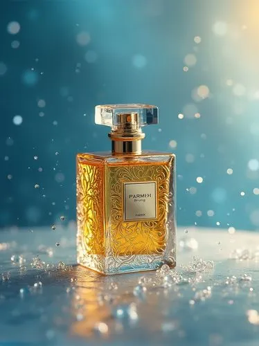 A luxurious perfume bottle with intricate patterns is placed on an elegant surface surrounded by shimmering water droplets. The background is a soft blue gradient that enhances the golden hues of the 