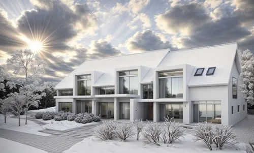 winter landscape in sunshine, modern villa, realistic, ultra realistic. it is slightly cloudy. walls white, roof dark,snow roof,modern house,cubic house,winter house,cube house,snow house,snowhotel,du