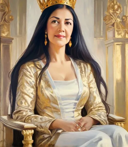 "A realistic painting of a woman with dark brown eyes, long black hair, sitting on a golden throne, wearing royal attire, and wearing a crown on her head.",golden crown,zoroastrian novruz,queen crown,