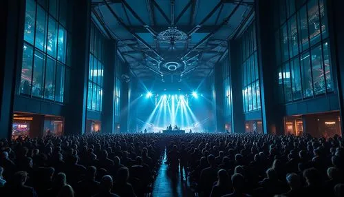 Modern concert house, dark cyan exterior walls, sleek glass windows, metal frames, LED lights, futuristic architecture, urban setting, cityscape, night scene, spotlight illumination, dramatic shadows,