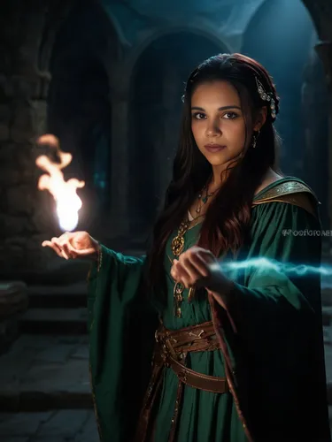 the enchantress,sorceress,flickering flame,merida,mulan,mystical portrait of a girl,candlemaker,magical,digital compositing,celtic queen,diya,aladha,mage,fantasy woman,robin hood,girl in a historic way,elven,tiana,jade,miss circassian