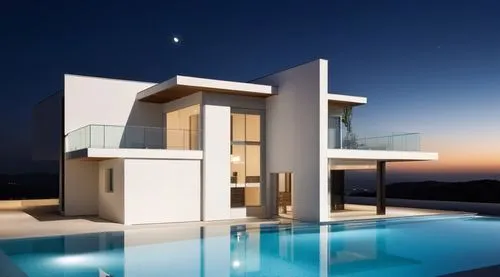 a modern residence, with glass balcony, dark themed finish, tan stone wall cladding, with an infinity pool,a large white house next to a pool,modern house,modern architecture,dreamhouse,pool house,inm