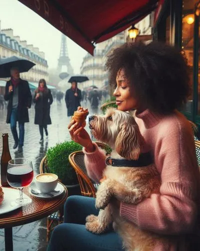 parisian coffee,girl with dog,paris cafe,watercolor paris,paris,woman drinking coffee,woman at cafe,french coffee,dog cafe,girl with bread-and-butter,french culture,cavapoo,montmartre,watercolor paris