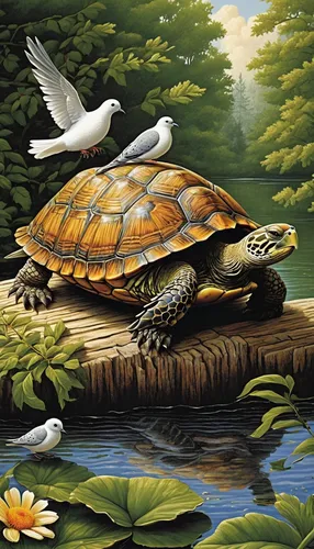 Write a heartwarming story about a turtle and a dove becoming best friends.,terrapin,painted turtle,land turtle,pond turtle,water turtle,trachemys,turtle,turtle pattern,turtles,red eared slider,common