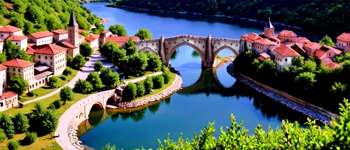 Stunning landscape, Bosnia and Herzegovina, mountainous terrain, lush green forests, crystal clear rivers, medieval old town, historic stone bridge, Stari Most, Ottoman-era architecture, warm sunlight