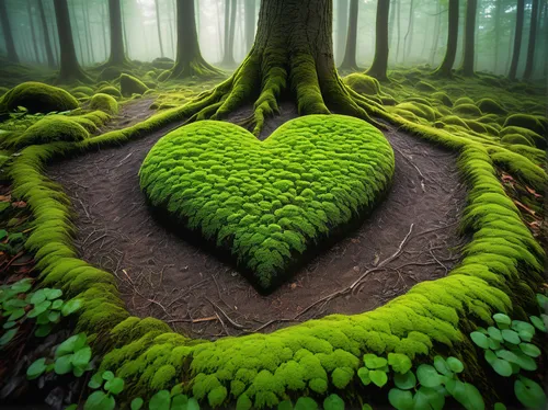 nordic landscape, ash-covered ground, vibrant green heart-shaped leaves, serene atmosphere, misty background, ancient trees, soft ambient light, morning dew, tranquil forest, moss-covered stones, ethe