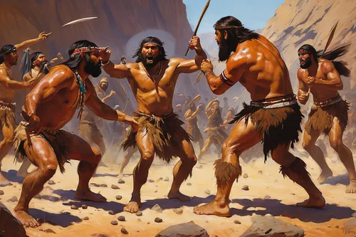 A rival tribe challenges a caveman to a rock-throwing competition.,neanderthals,aborigines,paleolithic,guards of the canyon,ancient people,stone age,prehistoric art,primitive people,natives,anasazi,pr