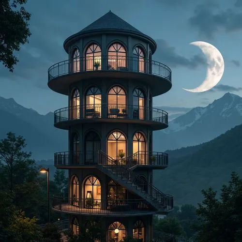 tree house hotel,tree house,lookout tower,treehouse,house in the mountains,house in mountains,watch tower,dreamhouse,observation tower,the cabin in the mountains,treehouses,beautiful home,moonlit night,watchtower,watchtowers,fire tower,wooden house,balconies,bed and breakfast,lonely house