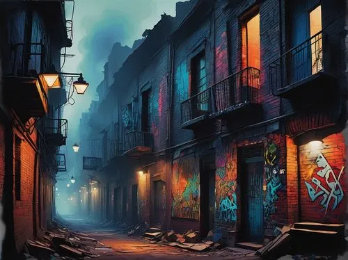 alleyway,alley,blind alley,world digital painting,graffiti art,narrow street,alley cat,old linden alley,evening atmosphere,night scene,colorful city,atmospheric,medieval street,the cobbled streets,art painting,gas lamp,laneway,urban street art,street scene,rescue alley,Illustration,Paper based,Paper Based 29