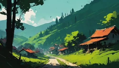 mountain village,rural,alpine village,countryside,butka,villages,uzak,valley,mountain settlement,house in mountains,mountain huts,home landscape,village life,rural landscape,rendalen,mountain scene,landscape background,paisaje,mountains,galvanise,Conceptual Art,Fantasy,Fantasy 06