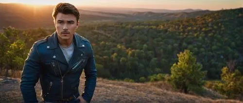 Peyton List, boots, tall, muscular man, rugged facial features, short messy brown hair, strong jawline, smoldering eyes, leather jacket, blue denim jeans, belt buckle, standing, relaxed pose, countrys