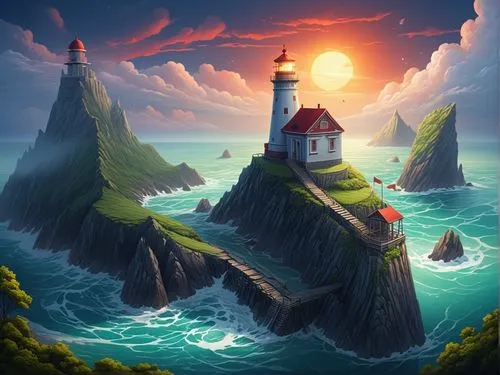 a lighthouse on an island with a red flag at the top,red lighthouse,lighthouse,lighthouses,light house,electric lighthouse,petit minou lighthouse,Illustration,Realistic Fantasy,Realistic Fantasy 25