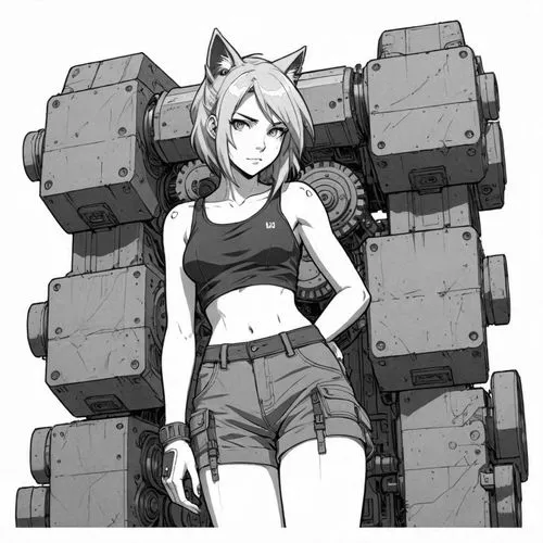 a girl standing in front of a huge machine,tankette,tankettes,carrier,sakazaki,wildcat,forklift,Design Sketch,Design Sketch,Detailed Outline