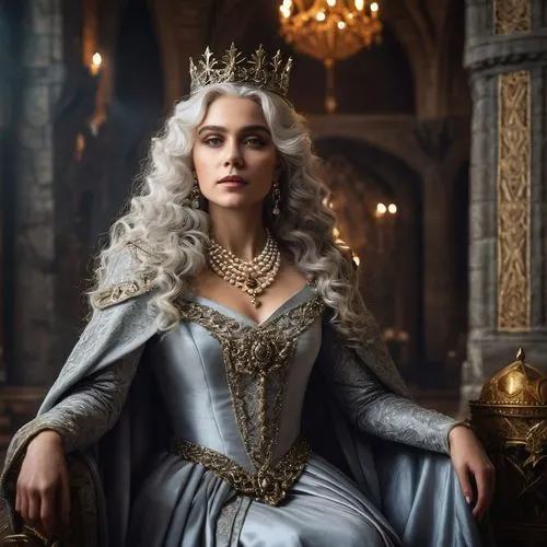 Alyssa Targaryen, mature lady, queen, beautiful detailed eyes, smoky makeup, long curly silver hair, elegant dress, pearl necklace, golden crown, royal cape, confident standing, throne room, medieval 