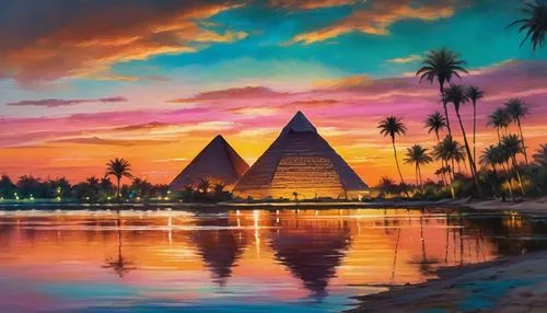 A breathtaking landscape of ancient Egypt with pyramids and the Nile River at sunset, intricately crafted in hyper-realistic oil on canvas, evoking a sense of majestic wonder, as if the viewer is stan