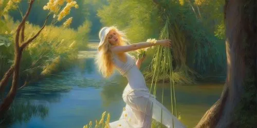 the blonde in the river,weeping willow,girl on the river,willow flower,hanging willow,fantasy picture,idyll,oil painting,white heron,rusalka,fantasy art,water nymph,girl with tree,faerie,bridal veil,art painting,dryad,photo painting,oil painting on canvas,ballerina in the woods,Illustration,Realistic Fantasy,Realistic Fantasy 03