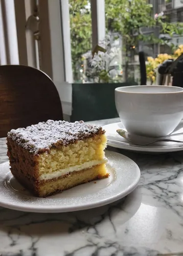 In a cozy caf￩, describe the heavenly aroma of fresh streusel cake enticing customers from different walks of life.,mille-feuille,petit gâteau,coffee and cake,danish nut cake,streuselkuchen,viennese k