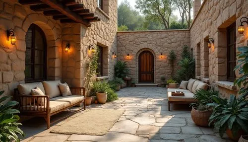 courtyards,patio,patios,courtyard,fireplaces,entryways,dorne,stone wall,landscaped,entryway,outdoor dining,alcove,beautiful home,stoneworks,archways,inglenook,inside courtyard,breezeway,sandstone wall,outdoor furniture,Photography,General,Realistic