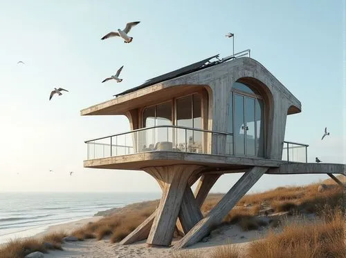 dunes house,lifeguard tower,beach hut,beach house,stilt house,pigeon house,beachhouse,bird tower,floating huts,deckhouse,oceanfront,bird home,wooden house,summer house,bird house,beachfront,cubic house,inverted cottage,coastal protection,cantilevered,Photography,General,Realistic