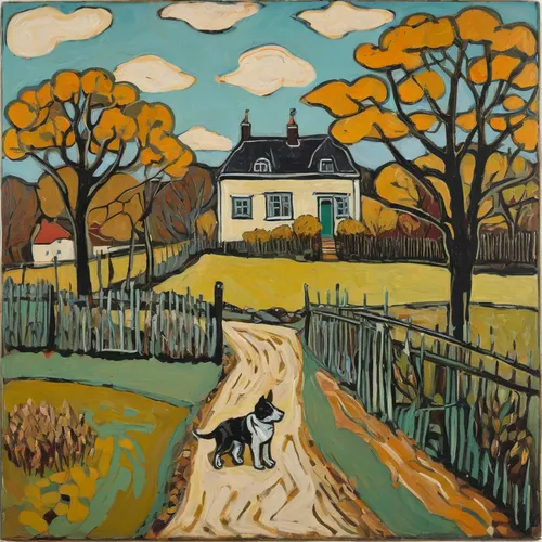 farm landscape,rural landscape,home landscape,autumn landscape,country cottage,farmhouse,cottages,dutch landscape,farm house,olle gill,cottage,vincent van gough,thatched cottage,post impressionism,village scene,the farm,yellow grass,david bates,basset artésien normand,private estate,Art,Artistic Painting,Artistic Painting 07