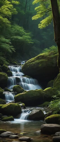 mountain stream,flowing creek,japan landscape,mountain spring,flowing water,clear stream,green waterfall,streams,forest landscape,a small waterfall,green trees with water,brook landscape,rushing water,green forest,river landscape,water scape,mountain river,water flowing,cascading,green landscape,Conceptual Art,Fantasy,Fantasy 09