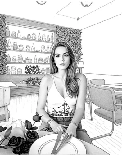 rotoscoped,sketchup,woman at cafe,pop art background,shopgirl,rotoscope,Design Sketch,Design Sketch,Rough Outline