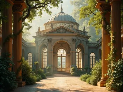 Byzantine-style greenhouse, ornate architecture, grand dome, intricate stone carvings, stained glass windows, lush greenery, vines crawling up pillars, majestic entrance, golden accents, soft natural 