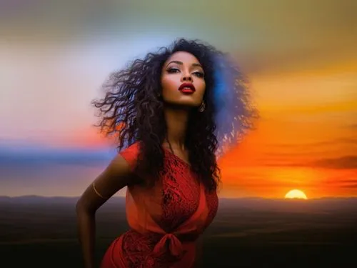  nude Beautiful nigerian girl, full dark curly hair, big dark almond eyes, full red lips, misty sky,a woman in red dress in front of a sunset,kelis,african american woman,eritrean,african woman,sheree