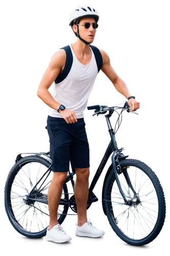 Young man, athletic build, cycling pose, sporty helmet, sunglasses, messy short hair, sweat on forehead, white sleeveless shirt, black shorts, sneakers, mountain bike, alloy wheels, shiny metal frame,