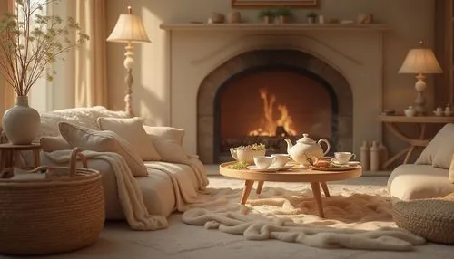 Cozy atmosphere, beige color, soft warm lighting, comfortable furniture, plush cushions, woven baskets, natural wood accents, rustic decorations, vintage items, crackling fireplace, dimmed lamp, flowe