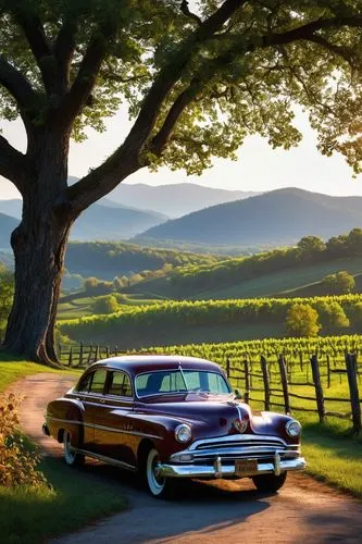 Virginia Red Rising, sunset time, majestic mountains, serene valley, wine vineyard, lush greenery, rolling hills, rustic wooden fences, few wispy clouds, warm soft lighting, cinematic composition, pan