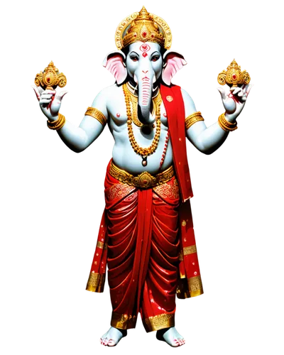 Hindu god Vinayak, standing, elephant head, four arms, white skin, golden jewelry, red tilaka mark on forehead, vermilion on cheeks, sacred thread across chest, dhoti wrapped around waist, legs crosse