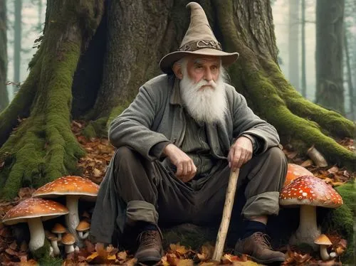 Old grandpa troll, white beard, wrinkles, bushy eyebrows, worn-out hat, wooden cane, sitting on a mushroom, forest environment, autumn leaves, misty atmosphere, soft warm lighting, facial close-up, 3/