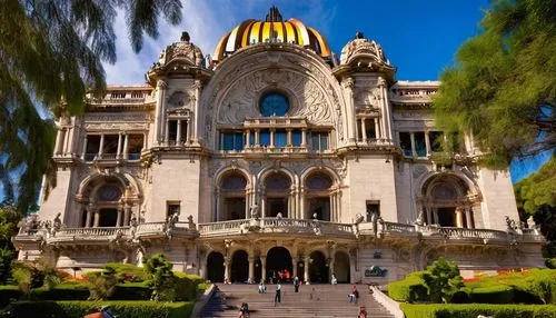 Palacio de Bellas Artes, Mexico City, historic building, mixture of Art Nouveau, Neoclassical styles, ornate decorations, grand staircase, high ceilings, intricate moldings, vibrant colors, detailed t