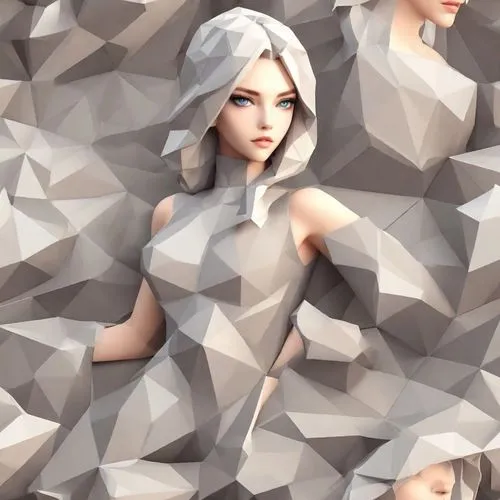 a woman surrounded by low poly art pieces,diamond background,diamond wallpaper,faceted diamond,low poly,triangles background,polygonal,Digital Art,Low-Poly