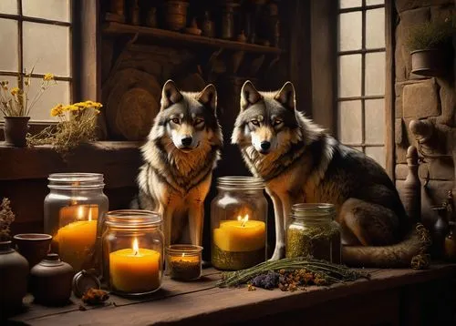 Two wolves, medieval fantasy, apothecary shop, wooden shelves, ancient tomes, mysterious potions, dimly lit, warm candlelight, stone walls, worn wooden floorboards, herbalism, mystical artifacts, old-