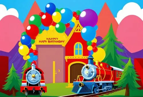 birthday backdrop, colorfull, train theme, cartoon style,birthday train,thomas and friends,thomas the train,sodor,trainman,thomassin,thomasomys,children's railway,trainmaster,birthday banner backgroun